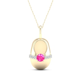Pink Lab-Created Sapphire & Diamond Baby Shoe Necklace 10K Yellow Gold 18&quot;