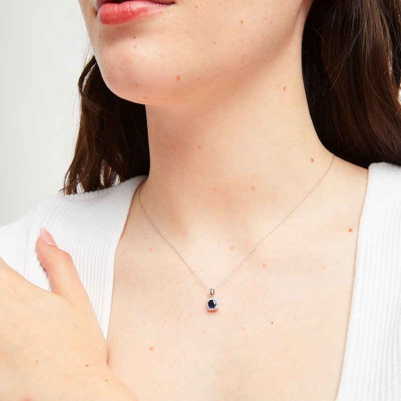 Main Image 2 of Blue Sapphire & Diamond Necklace 1/8 ct tw Cushion/Round-Cut 10K White Gold 18"