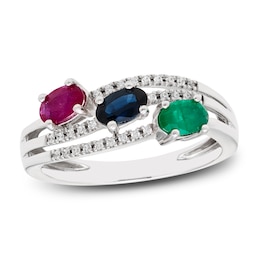 Ruby/Emerald/Sapphire/Diamond Ring 1/15 ct tw Oval/Round-Cut 10K White Gold