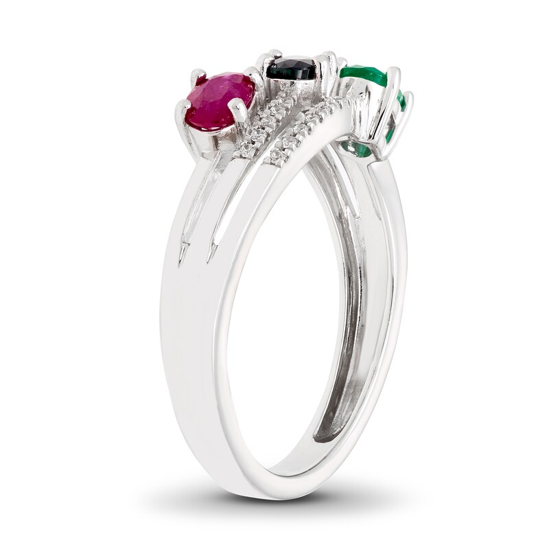 Ruby/Emerald/Sapphire/Diamond Ring 1/15 ct tw Oval/Round-Cut 10K White Gold