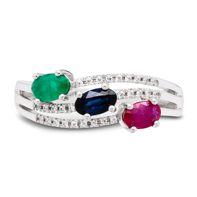 Ruby/Emerald/Sapphire/Diamond Ring 1/15 ct tw Oval/Round-Cut 10K White Gold