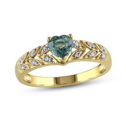 Green Sapphire & Diamond Heart Ring 1/20 ct tw Heart/Round-Cut 10K Yellow Gold