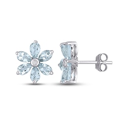 Aquamarine & Diamond Floral Earrings 14K White Gold