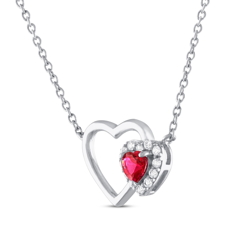 Main Image 2 of Lab-Created Ruby & White Lab-Created Sapphire Heart Necklace Sterling Silver 18"