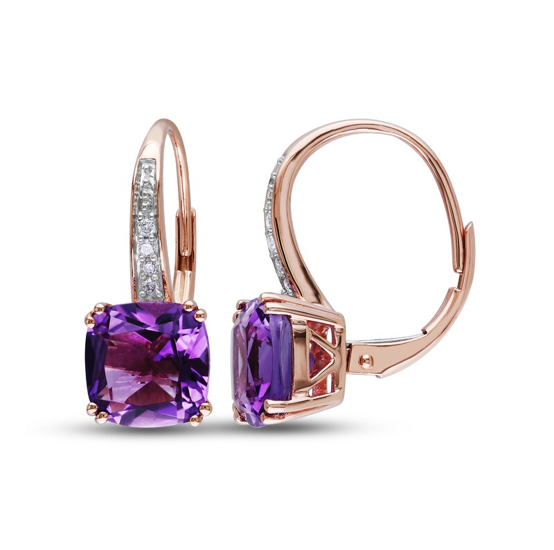 Main Image 1 of Amethyst & Diamond Dangle Earrings 1/20 ct tw Cushion/Round-Cut 10K Rose Gold