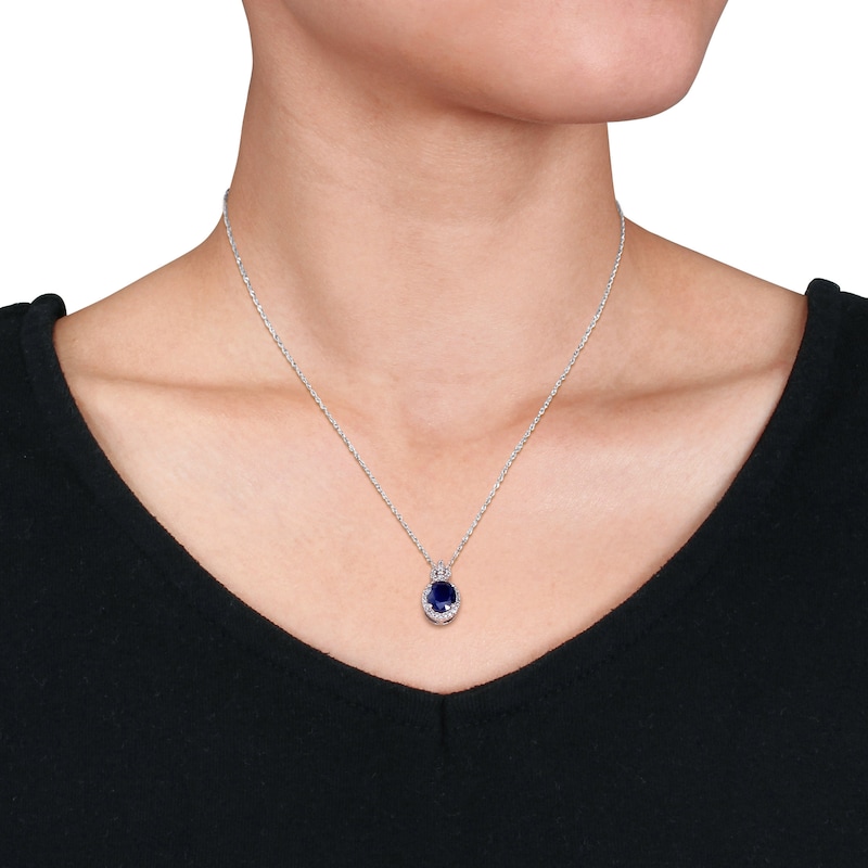 Blue Sapphire & Diamond Necklace 1/6 ct tw Oval/Round-Cut 10K White Gold 17"