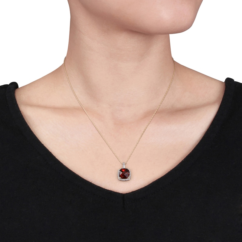 Garnet & Diamond Necklace 1/10 ct tw Cushion/Round-Cut 10K Yellow Gold 17"