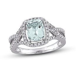 Aquamarine & Diamond Ring 1/6 ct tw Cushion/Round-Cut 10K White Gold