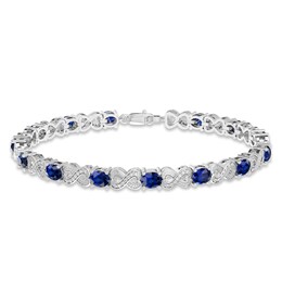 Blue Lab-Created Sapphire & Diamond Bracelet Sterling Silver 7.25&quot;