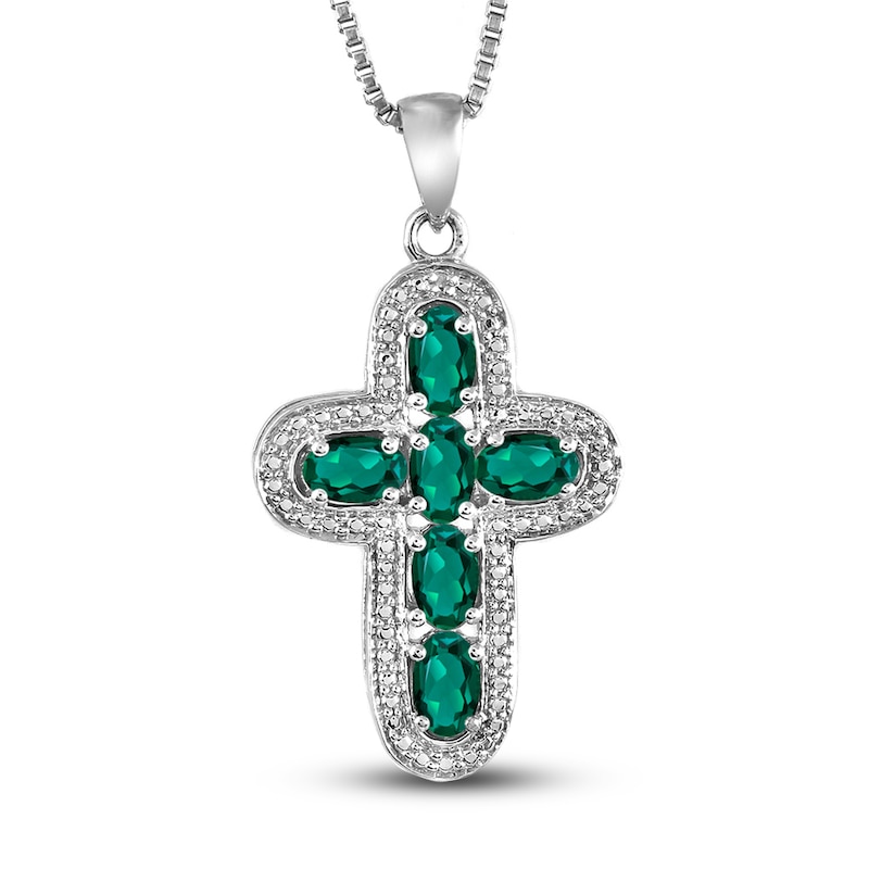Main Image 1 of Lab-Created Emerald & Diamond Cross Necklace Sterling Silver 18"