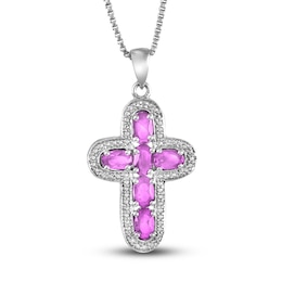 Pink Lab-Created Sapphire & Diamond Cross Necklace Sterling Silver 18"