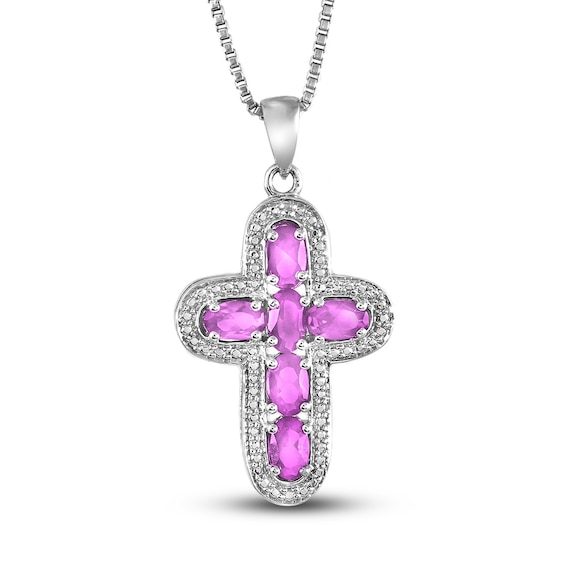 Pink Lab-Created Sapphire & Diamond Cross Necklace Sterling Silver 18"