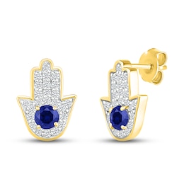 Blue & White Lab-Created Sapphire Hamsa Earrings 10K Yellow Gold