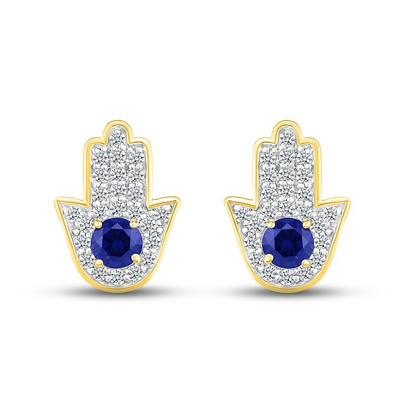 Main Image 2 of Blue & White Lab-Created Sapphire Hamsa Earrings 10K Yellow Gold
