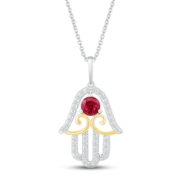 Lab-Created Ruby & White Lab-Created Sapphire Hamsa Necklace Sterling Silver & 10K Yellow Gold 18"