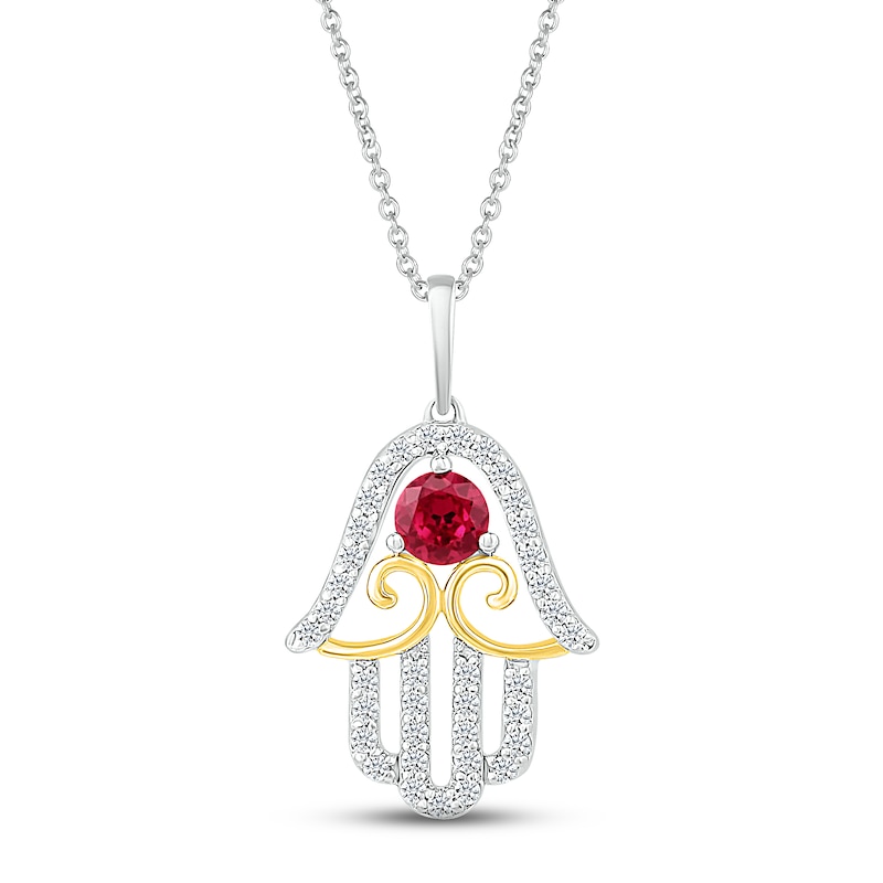 Main Image 1 of Lab-Created Ruby & White Lab-Created Sapphire Hamsa Necklace Sterling Silver & 10K Yellow Gold 18"