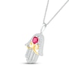 Thumbnail Image 2 of Lab-Created Ruby & White Lab-Created Sapphire Hamsa Necklace Sterling Silver & 10K Yellow Gold 18"