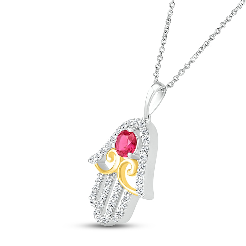 Main Image 2 of Lab-Created Ruby & White Lab-Created Sapphire Hamsa Necklace Sterling Silver & 10K Yellow Gold 18"