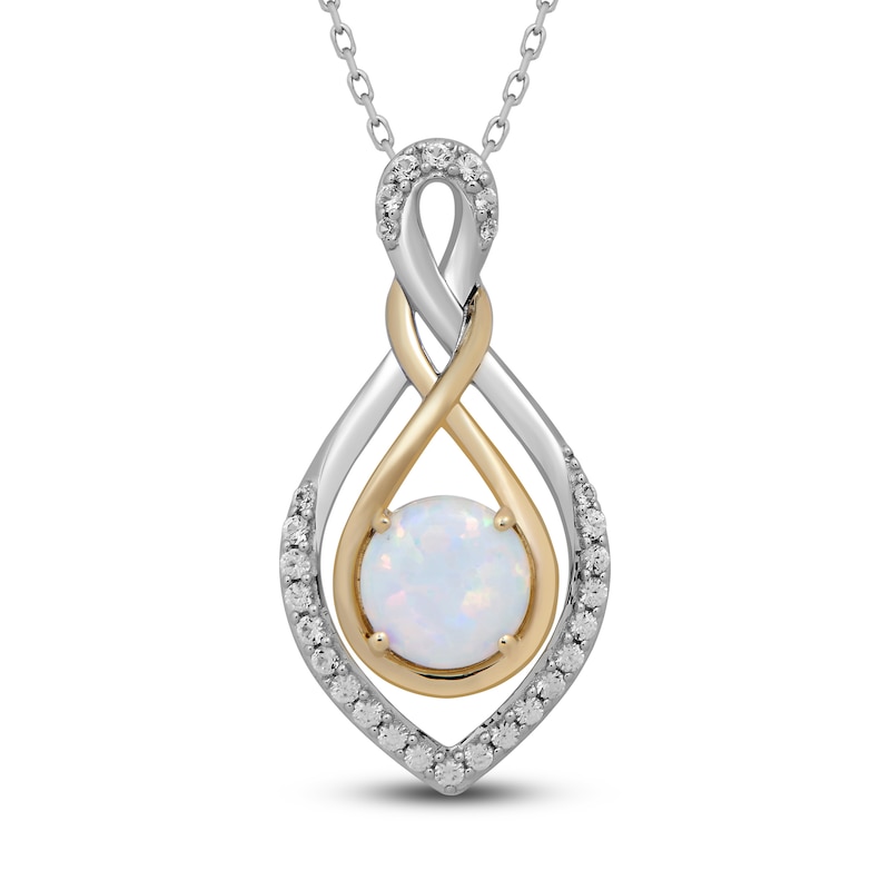 Lab-Created Opal & White Lab-Created Sapphire Necklace Sterling Silver & 10K Yellow Gold 18"