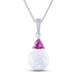 Lab-Created Opal & Pink Lab-Created Sapphire Necklace Sterling Silver 18"