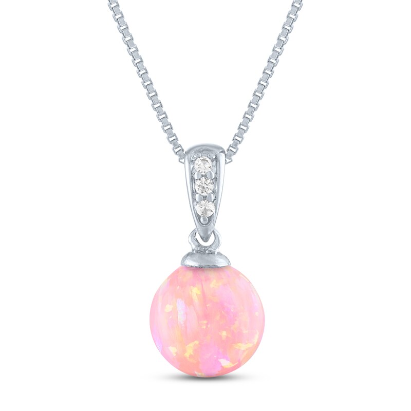 Main Image 1 of Peach Lab-Created Opal & White Lab-Created Sapphire Necklace Sterling Silver 18"