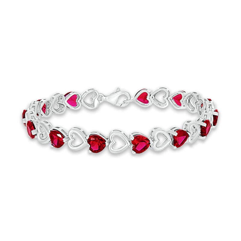 Solid .925 Sterling Silver Rhodium-plated & Ruby Heart Bracelet 7.25 inches 