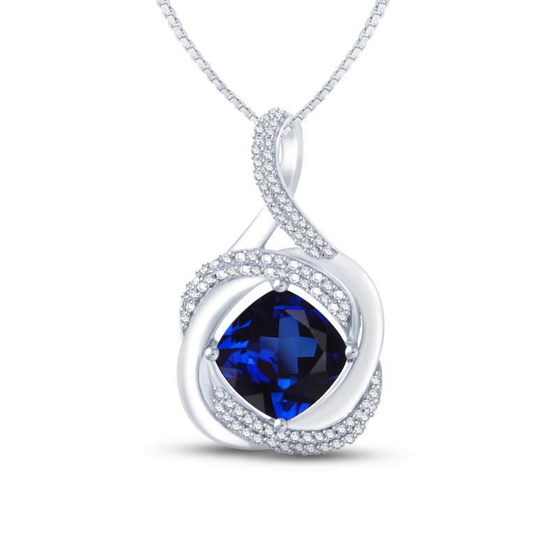 Main Image 1 of Blue Lab-Created Sapphire & Diamond Necklace 1/6 ct tw Round-cut Sterling Silver 18"