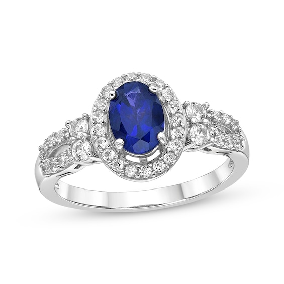 Oval-Cut Blue Lab-Created & White Lab-Created Sapphire Halo Ring Sterling Silver