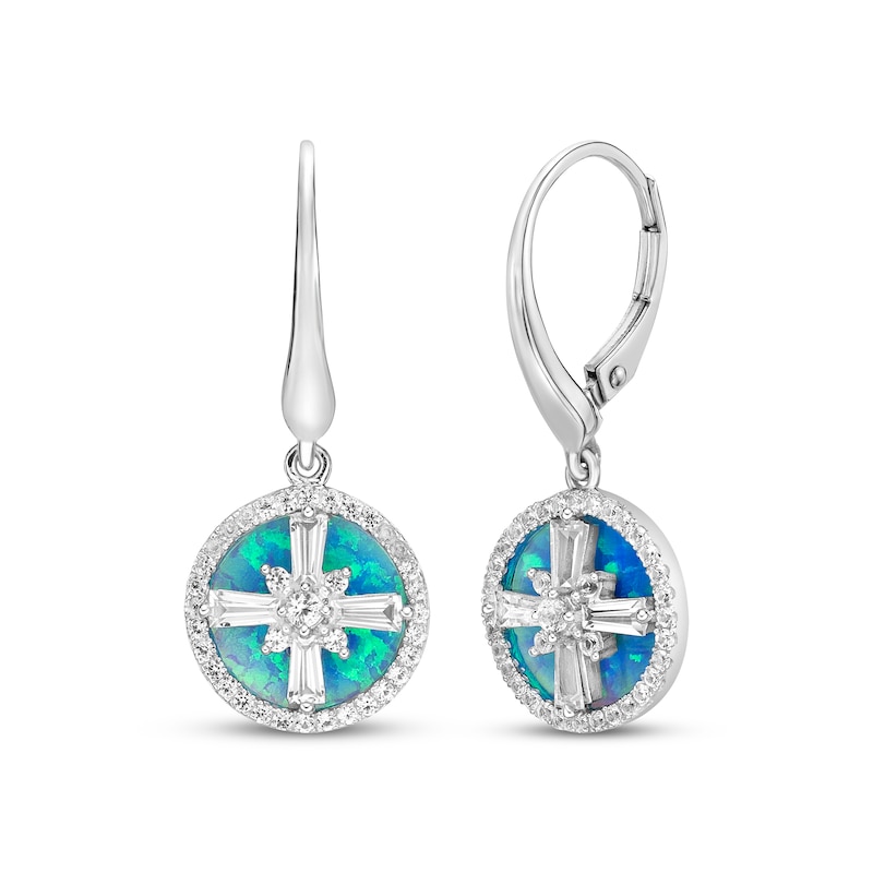 Blue-Green Lab-Created Opal Inlay & White Lab-Created Sapphire Compass Dangle Earrings Sterling Silver