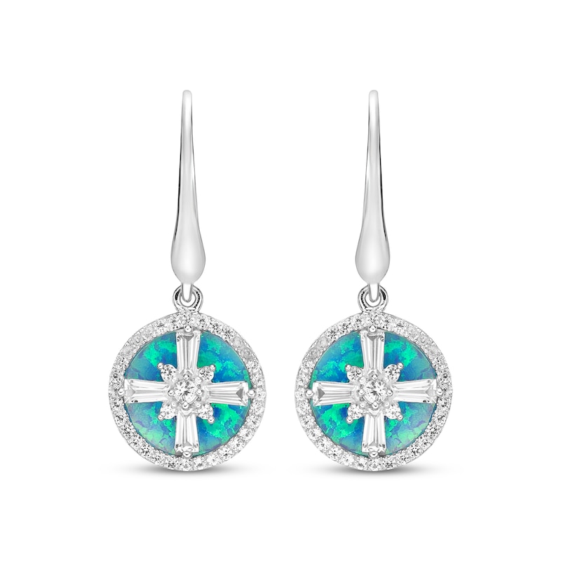 Blue-Green Lab-Created Opal Inlay & White Lab-Created Sapphire Compass Dangle Earrings Sterling Silver