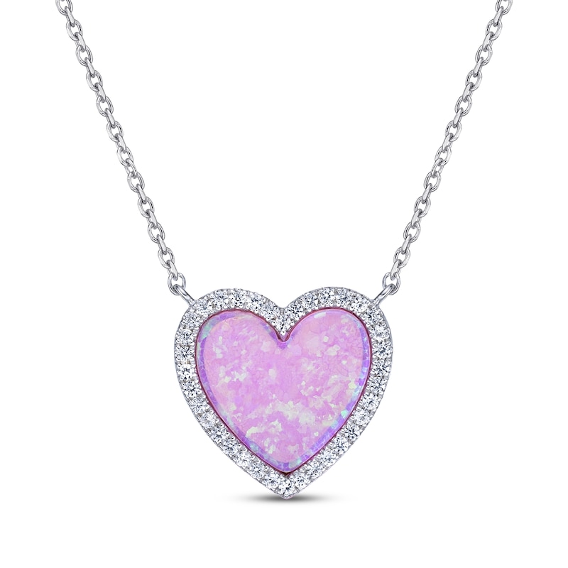 Pink Lab-Created Opal Inlay & White Lab-Created Sapphire Heart Necklace Sterling Silver 18"
