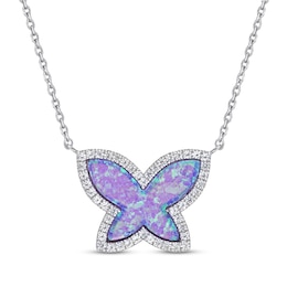 Lavender Lab-Created Opal Inlay & White Lab-Created Sapphire Butterfly Necklace Sterling Silver 18"