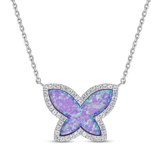 Lavender Lab-Created Opal Inlay & White Lab-Created Sapphire Butterfly Necklace Sterling Silver 18"