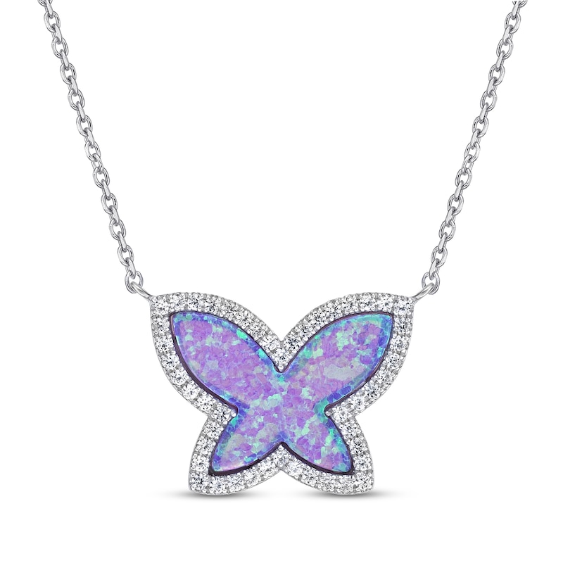Main Image 1 of Lavender Lab-Created Opal Inlay & White Lab-Created Sapphire Butterfly Necklace Sterling Silver 18"