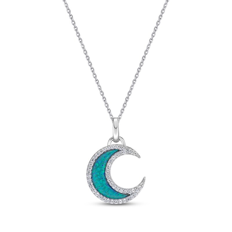 Main Image 1 of Blue-Green Lab-Created Opal Inlay & White Lab-Created Sapphire Crescent Moon Necklace 18"