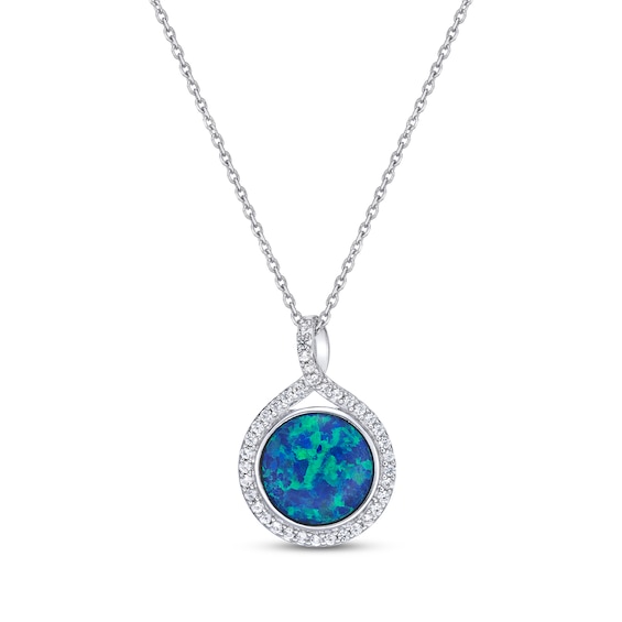 Blue-Green Lab-Created Opal Inlay & White Lab-Created Sapphire Swirl Necklace Sterling Silver 18"