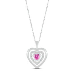 Pink Lab-Created Sapphire & Diamond Double Heart Necklace Sterling Silver 18&quot;