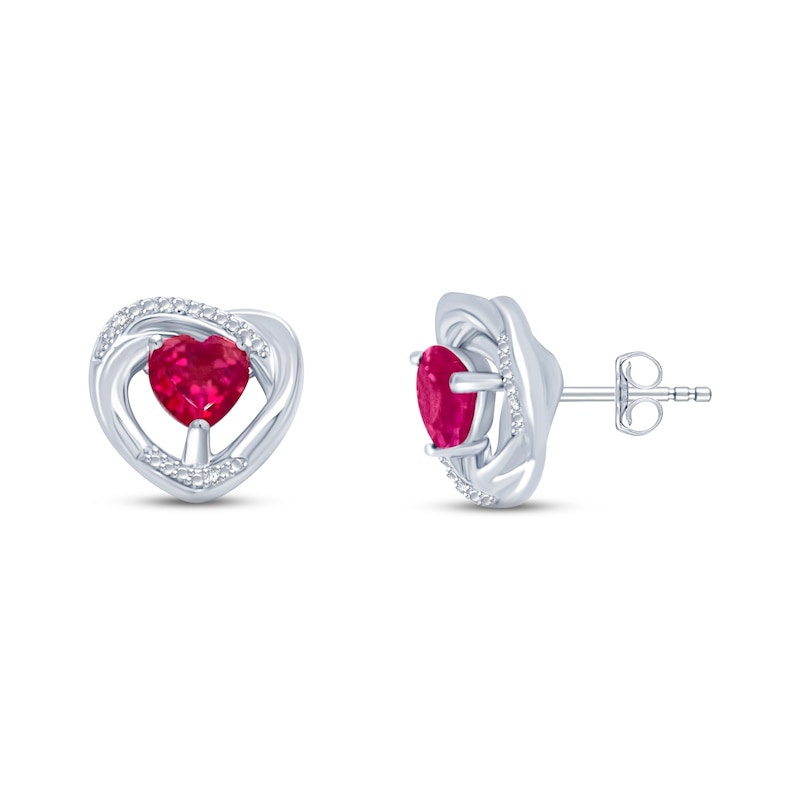 Lab-Created Ruby & Diamond Heart Earrings Sterling Silver
