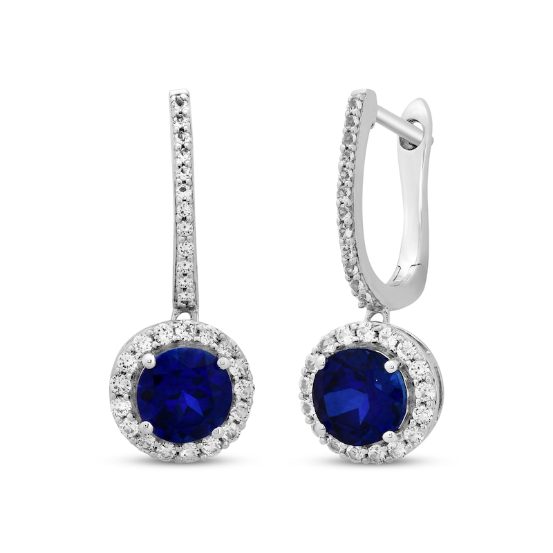 Main Image 1 of Blue & White Lab-Created Sapphire Dangle Hoop Earrings Sterling Silver