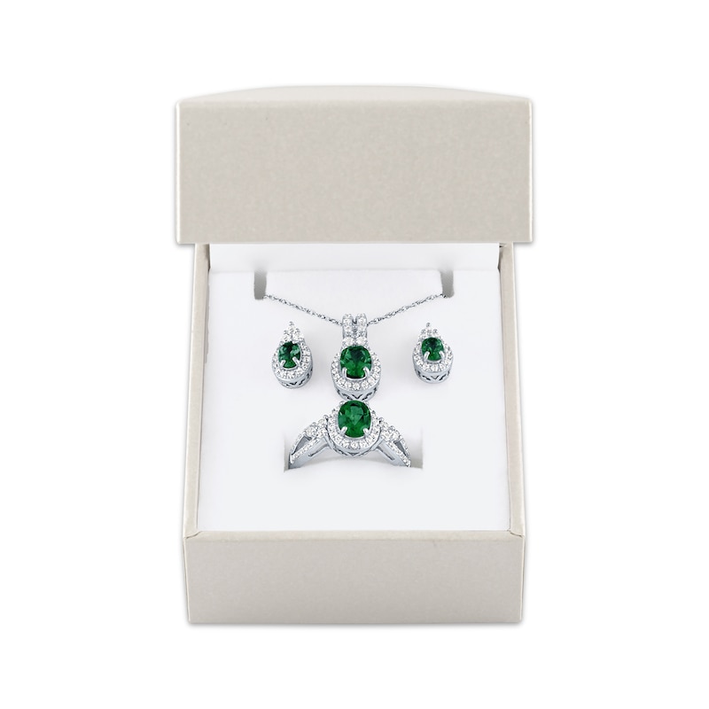 Lab-Created Emerald & White Lab-Created Sapphire Gift Set Sterling Silver - Size 7