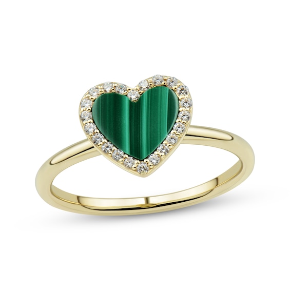 Heart-Shaped Malachite & White Lab-Created Sapphire Ring 10K Yellow Gold