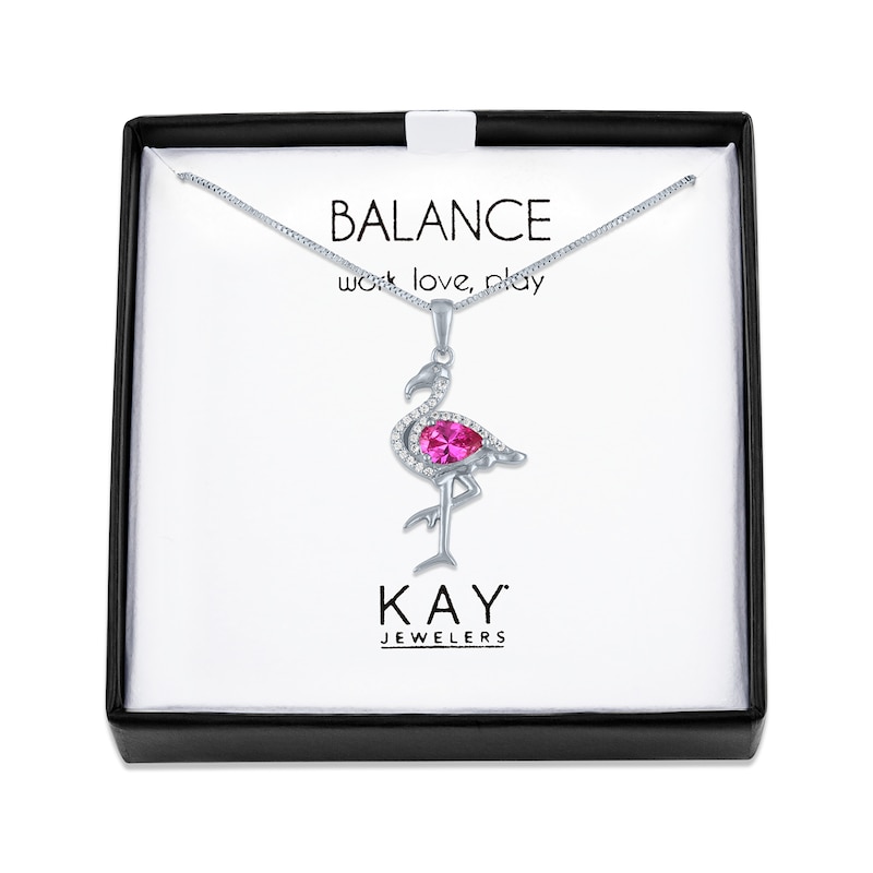 Main Image 1 of Pear-Shaped Pink & White Lab-Created Sapphire Flamingo Necklace Sterling Silver 18"