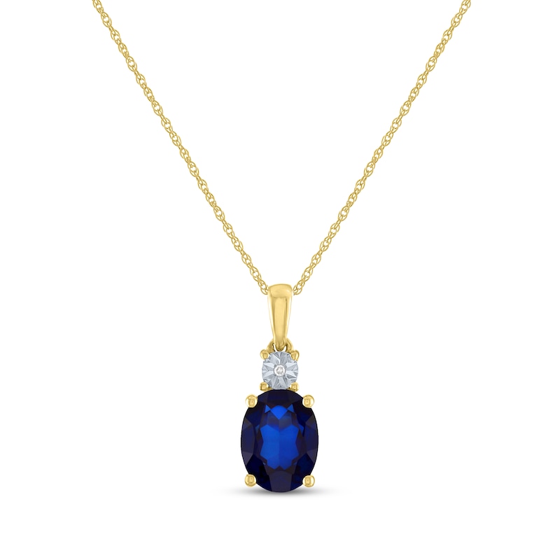 Main Image 1 of Oval-Cut Blue Lab-Created Sapphire & Diamond Necklace 10K Yellow Gold 18"