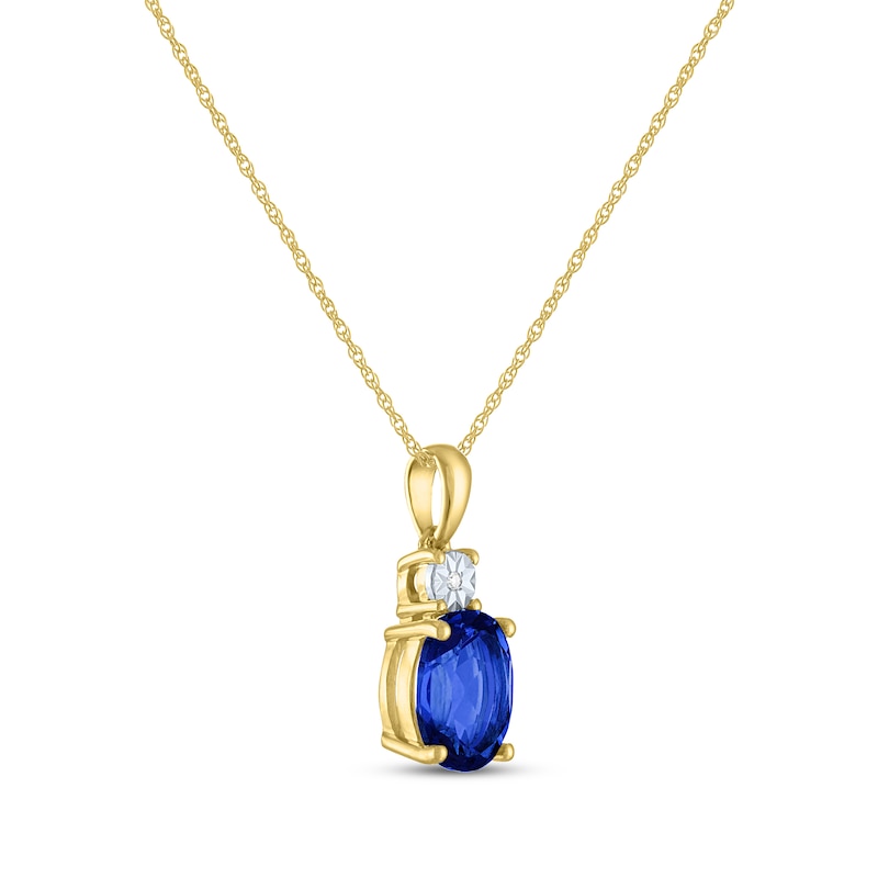 Main Image 2 of Oval-Cut Blue Lab-Created Sapphire & Diamond Necklace 10K Yellow Gold 18"