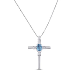 Swiss Blue Topaz & White Lab-Created Sapphire Cross Necklace Sterling Silver 18"