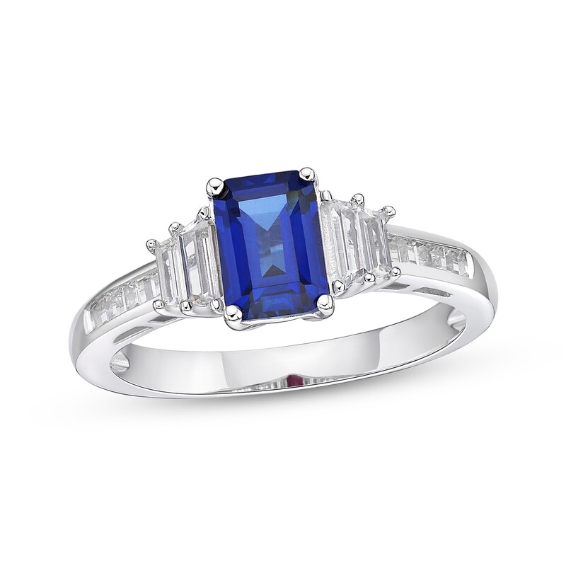 Main Image 1 of Emerald-Cut Blue & Baguette-Cut White Lab-Created Sapphire Ring 10K White Gold