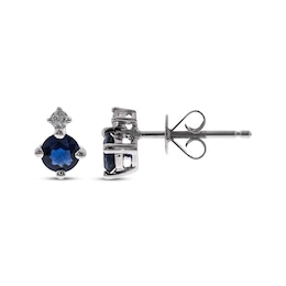 Round Blue Sapphire & Diamond Stud Earrings 1/20 ct tw 10K White Gold