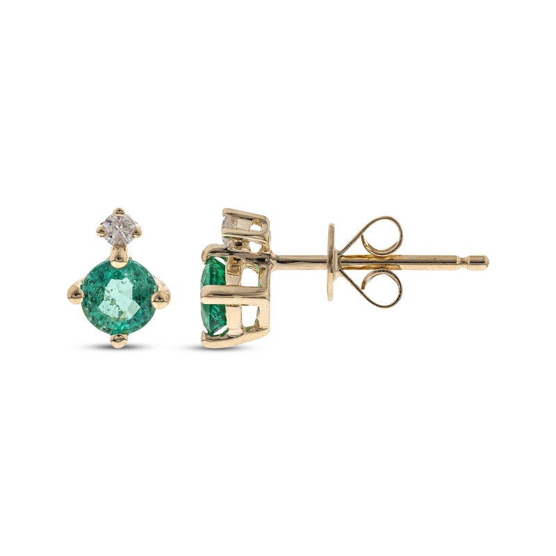 Main Image 1 of Round-Cut Emerald & Diamond Stud Earrings 1/20 ct tw 10K Yellow Gold