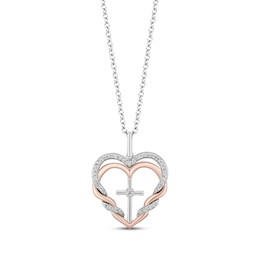 Hallmark Diamonds Double Heart & Cross Necklace 1/8 ct tw Sterling Silver & 10K Rose Gold 18"