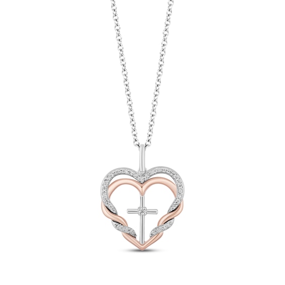 Hallmark Diamonds Double Heart & Cross Necklace 1/8 ct tw Sterling Silver & 10K Rose Gold 18"
